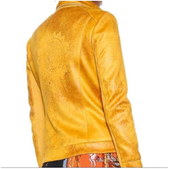 Desigual Moto Jacket Womens 38 M Mustard Yellow Faux Suede Embroidered Mandala - Picture 2 of 13